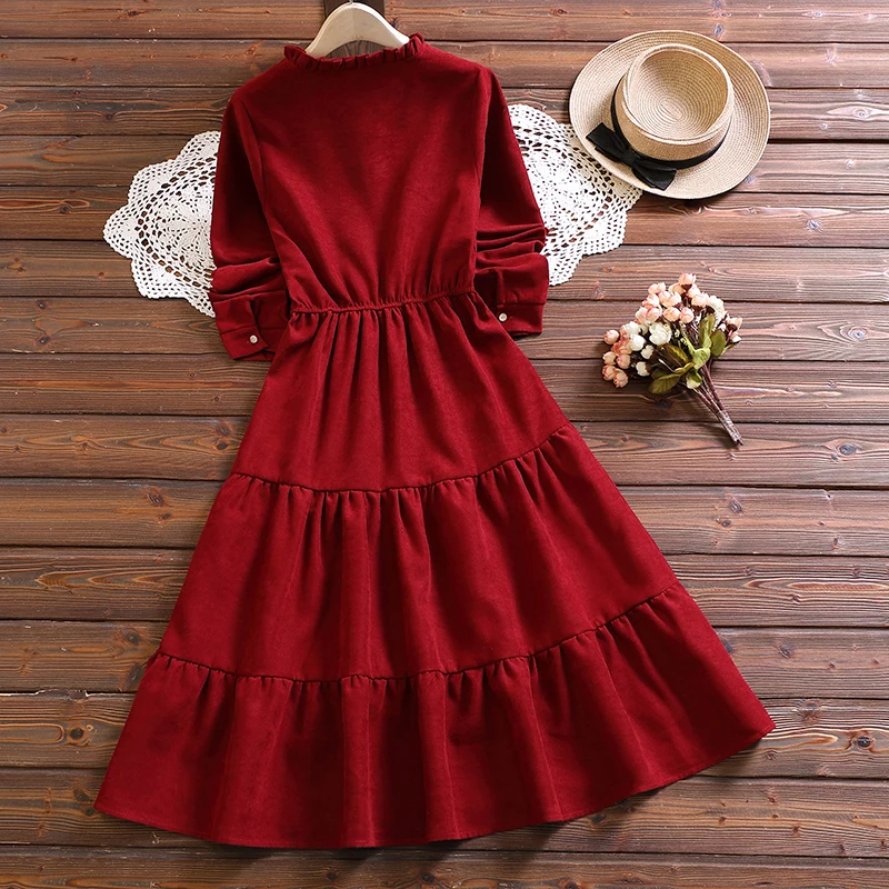 Mori girl cute kawaii sweet dress new autumn fashion long sleeve corduroy women vintage vestidos