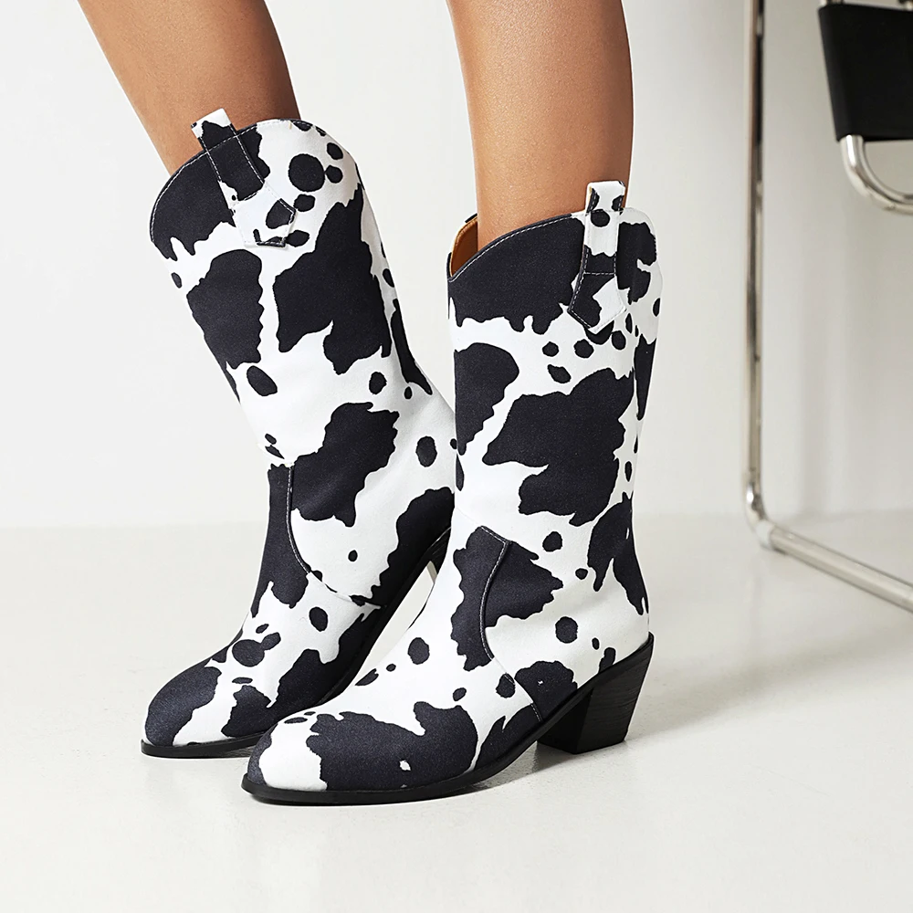 Chocolate Color Cow Pattern Mid-Tube Chimney Boots With Thick Heels And Pointed Toe Hot Sale Slip-On Women's Mid-Calf Boots