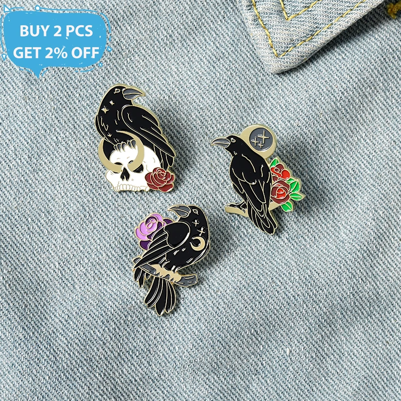 Gothic Enamel Pins Black Crow Rose Flower Skull Star Moon Custom Brooches Gift For Friends Special Jewelry Shirt Badge