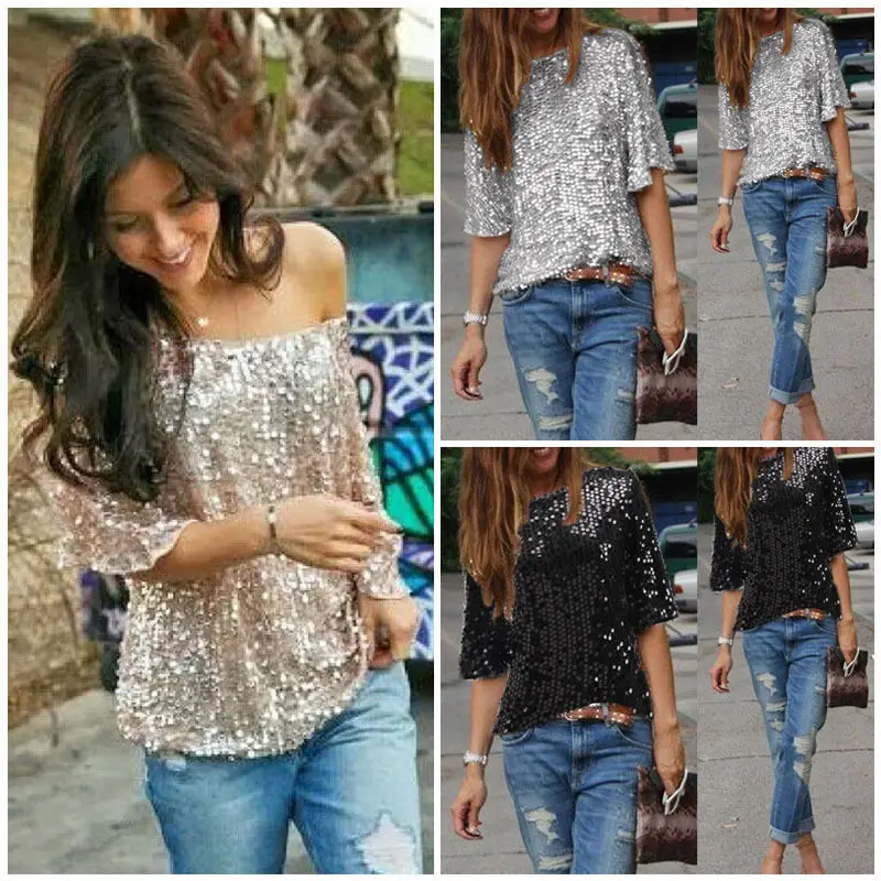 Women Ladies Sequin Short Sleeve Fashion Casual Sparkly Tops Glitter Evening Party Tops Shirt