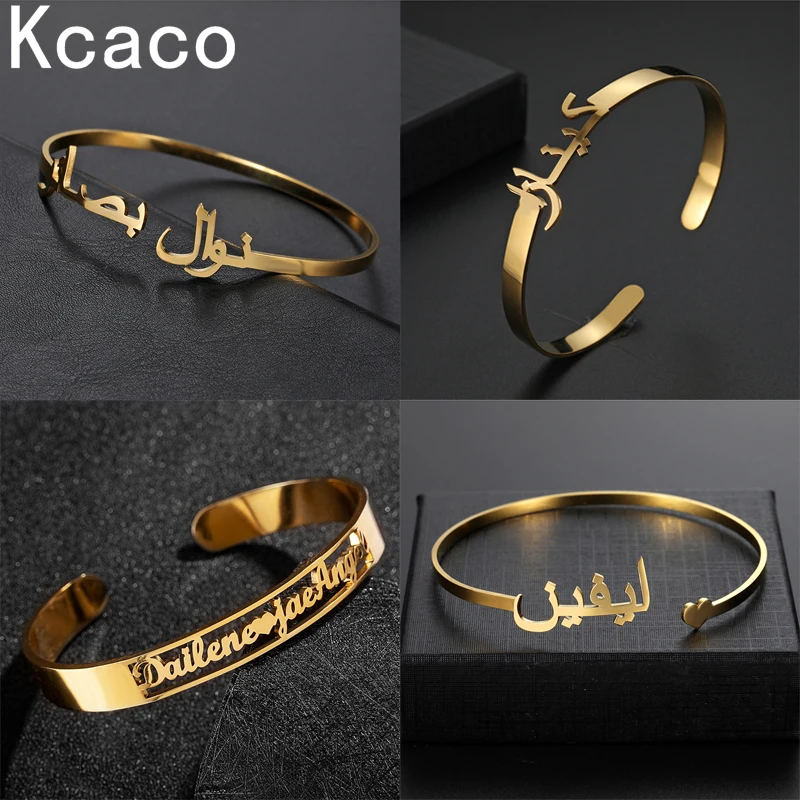 Kcaco Customized Letter Name Bracelet Personalized Arabic Name Adjustable Bangles Women Men Stainless Steel Kids Cuff Gift