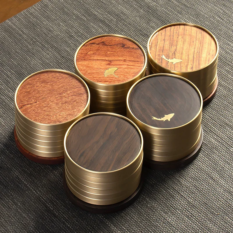 

Solid Wood Coaster Household Kombucha Heat Proof Mat Set Simple Round Saucer Copper Wood Tea Art Combination Coasters Costers