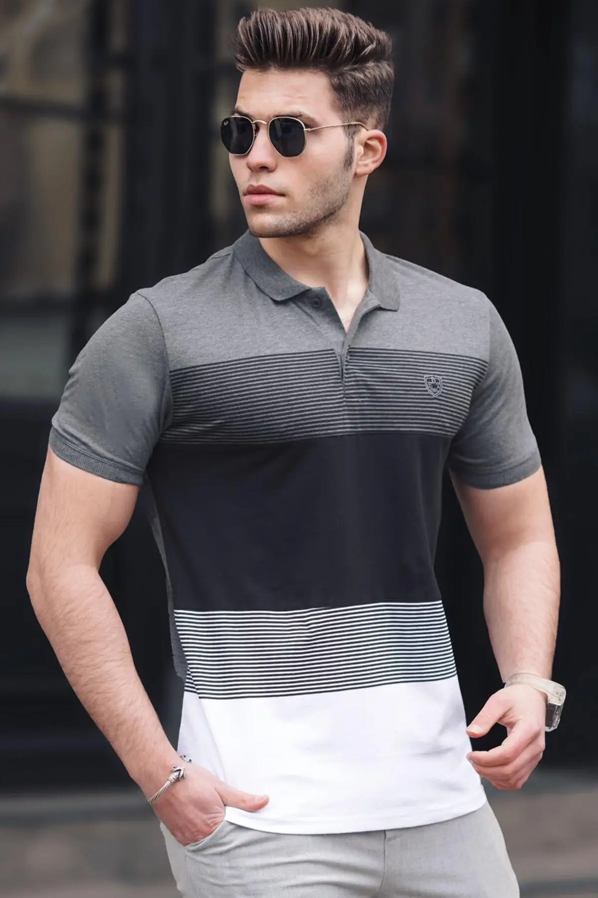 

Color Block Anthracite Polo Neck Men's Knitwear T-Shirts Slim Fit feet 100% Cotton Comfortable Quality Modern Designs