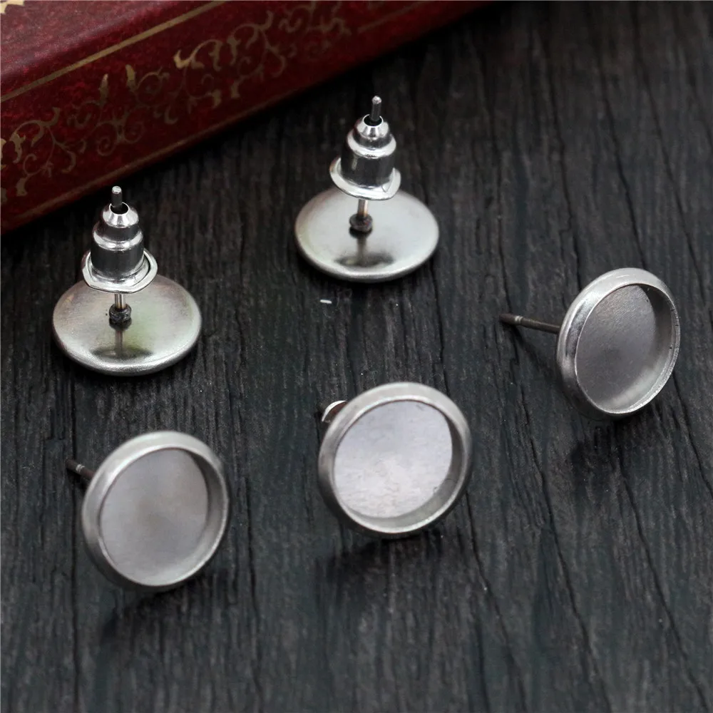 (Never Fade) 20pcs 6mm 8mm 10mm Stainless Steel Earring Base Studs Ear Cameo Settings Cabochon Base Tray Blank (With Back)