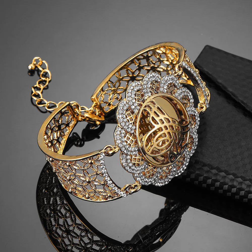 Muslim Islam Wedding Gift Middle East Jewelry Bracelets Arab Allah Bracelet Vintage Gold Color Flower Wide Cuff Bangle