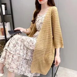 Long Women Hollow Out Knitted Cardigan Summer Long Sleeve Thin Mesh Open Stitch Casual Female V-neck Crochet Blouse Ladies Shirt