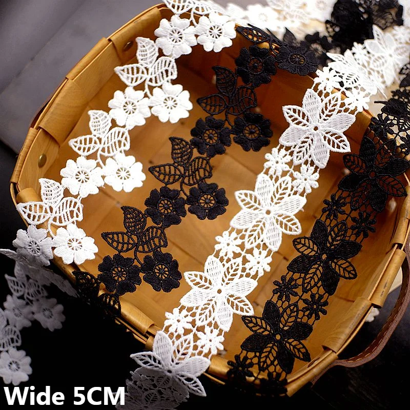 5CM Wide Exquisite White Black Water Soluble Embroidered Ribbon Flowers Lace Polyester Guipure Applique Fabric Sewing Trim Decor