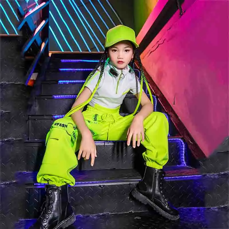 Vêtements Hip Hop pour enfants, haut court, pantalon vert structurels ent pour filles, vêtements de danse de salon, costume de danse jazz, tenue de scène, XS1609