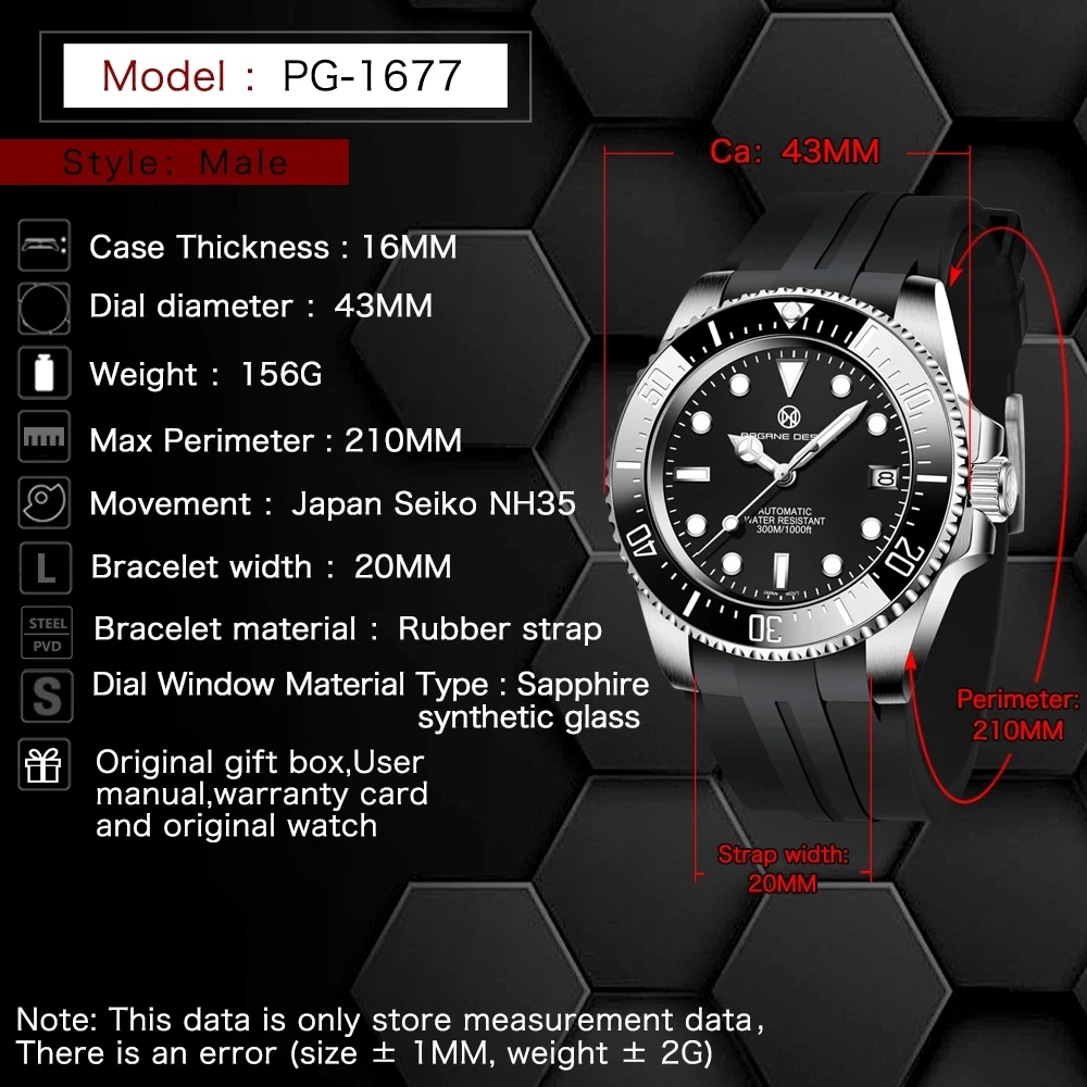 PAGRNE DESIGN New Men\'s Automatic Watch 300M Waterproof Top Brand Sapphire Glass Stainless Steel Mechanical Watches Reloj Hombre