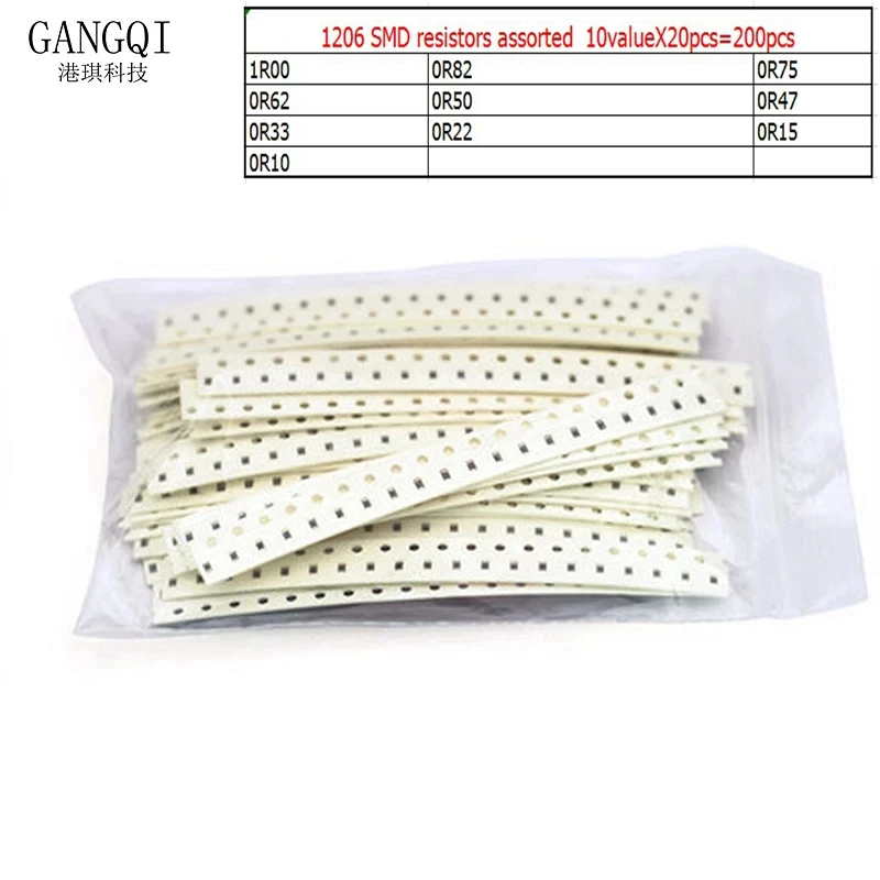 200PCS 1% 1206 SMD Resistors Assorted Kit Set ,10 ValueX20Pcs=200Pcs 1R00 R820 R750 R620 R500 R470 R330 R220 R150 R100