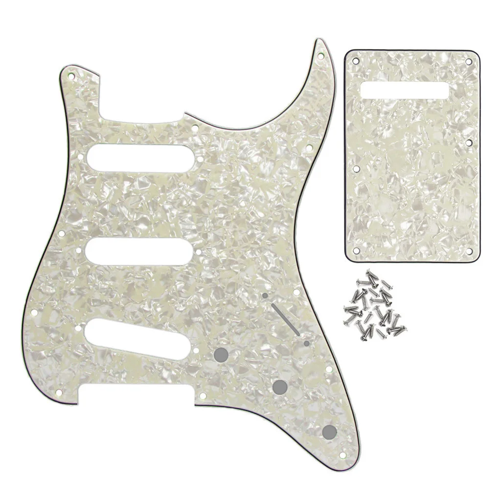 FLEOR Aged Pearl 4Ply 11 Holes Electric Guitar Pickguard SSS ST Scratch Plate & Back Plate & Screws Guitar Parts