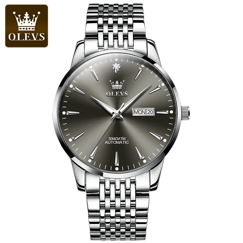 

2024 New OLEVS Top Brand Silver Gray Men's Sports Automatic Mechanical Watches Stainless Steel Waterproof Luxury Reloj Hombre