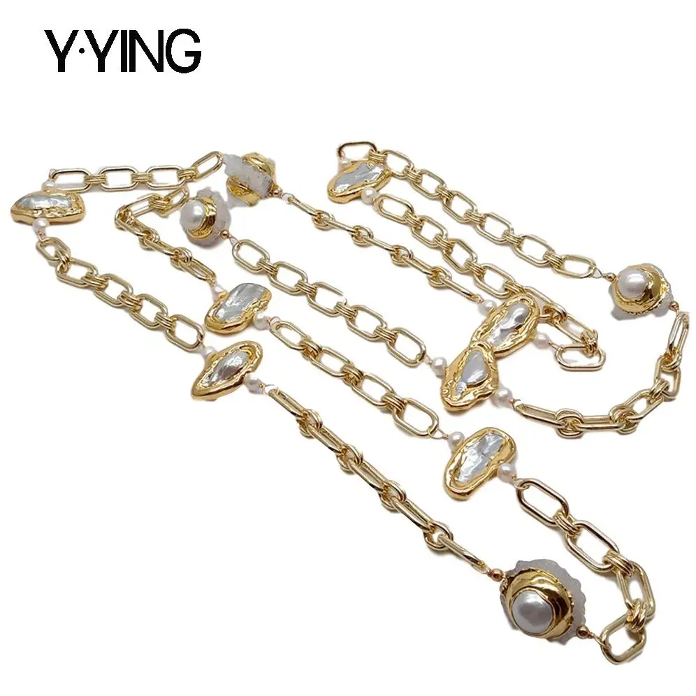 

Y·YING natural Cultured White Biwa Pearl White Quartzs gold color plated Chain Long Station Necklace 47"