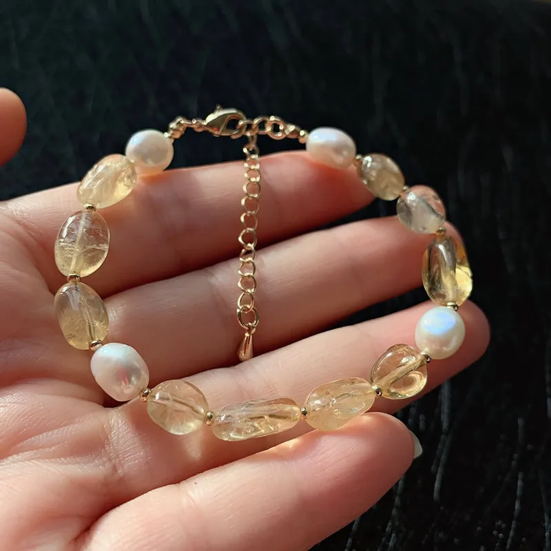 Rock Crystal Mineral Stone Strand Bracelet Baroque Freshwater Pearl Charm Natural Citrines Yellow Quartz Bracelet for Women Girl