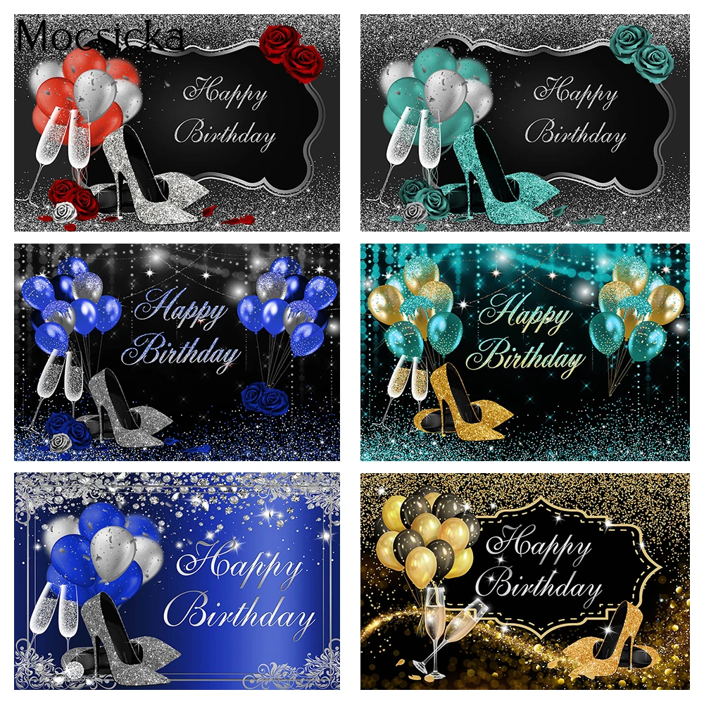 

Adult High Heels Themed Birthday Party Backdrop Woman Happy Birthday Cake Smash Background Glitter Bokeh Balloons Photocall