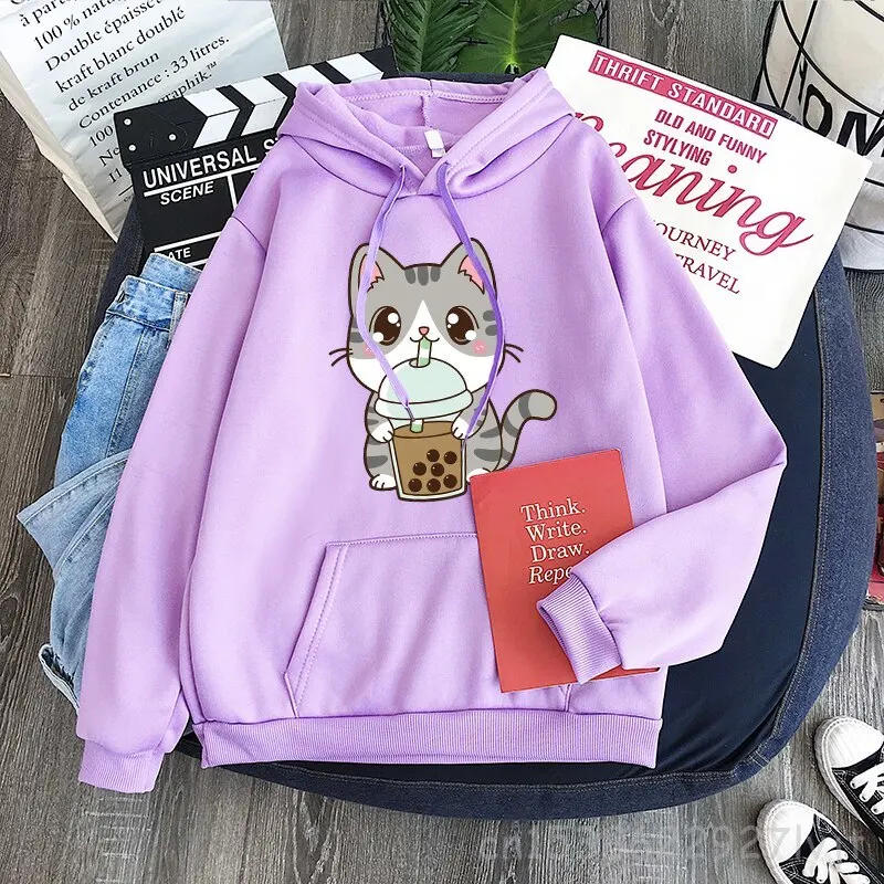 Kawaii Cat Drink Milk Aesthetic Harajuku Printed Hoodies Sweatshirt Women Men Funny Pullover Oversized Hoodies