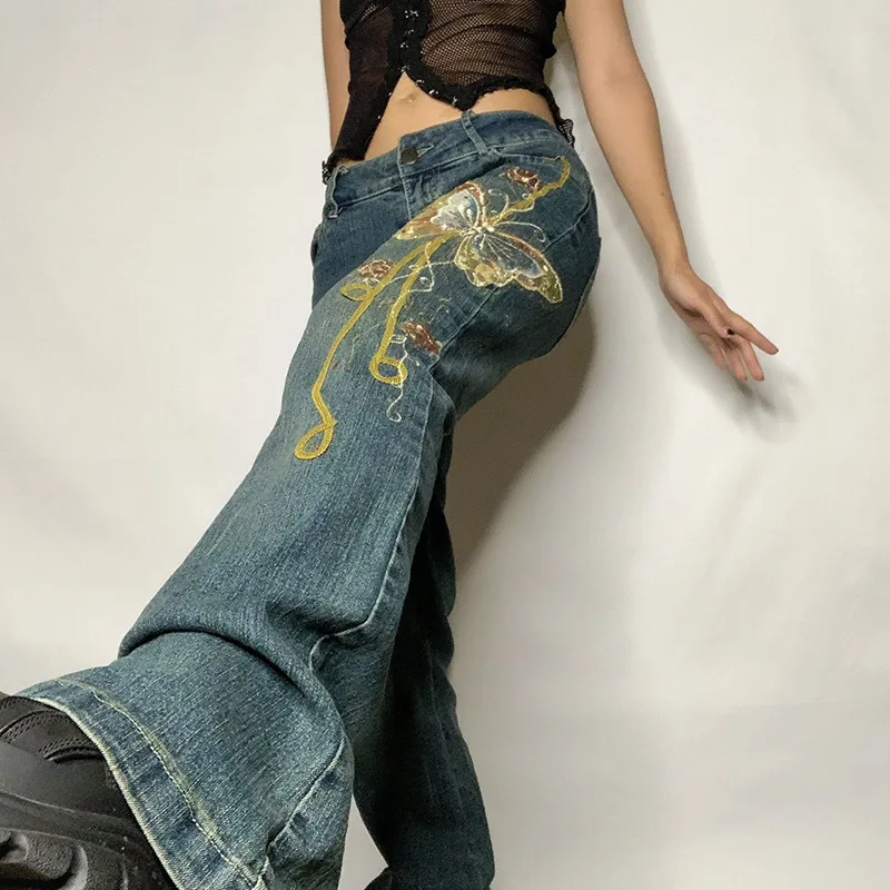 

high Waisted Grunge Vintage Cargo Trousers Harajuku Fashion Pants Retro Butterfly Print Y2K Denim 2021 New Straight Leg Jeans