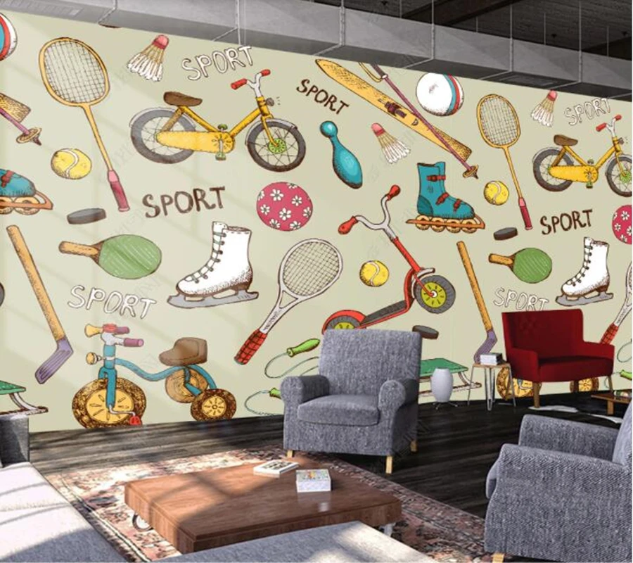 

Papel de parede Cartoon sports equipment 3d wallpaper, tv wall. bedroom KTV bar mural wall decoration