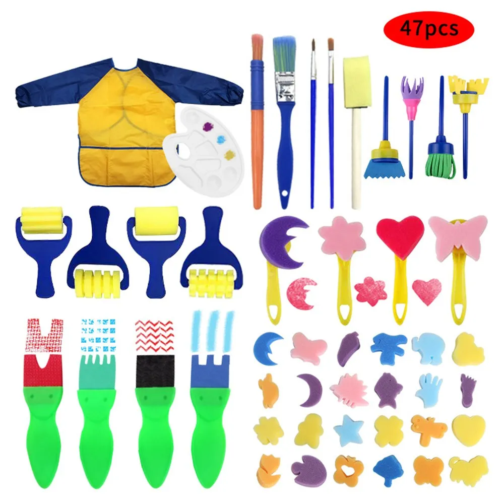 47pcs/set Children Painting Foam Sponge Brush Apron moulds Tools Kit Kids Early Art Education Learning Drawing Graffito Tool set