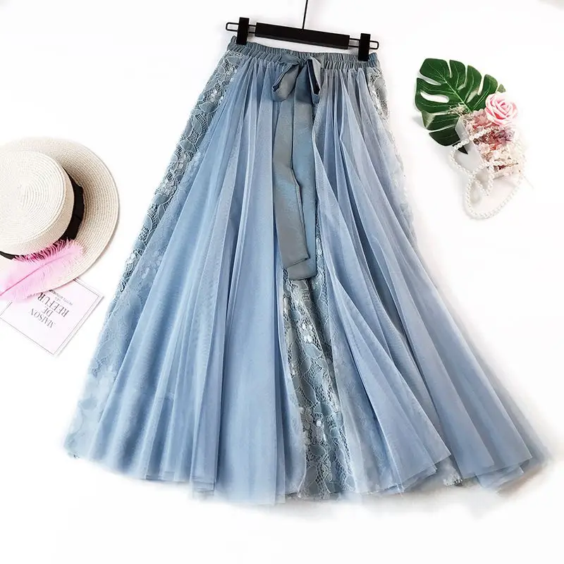 Korean Style Women Lace Patchwork Gauze Skirt Female Elastic High Waist Bow Lace-up Pleated Long Skirts Saias 2021 Autumn SK231