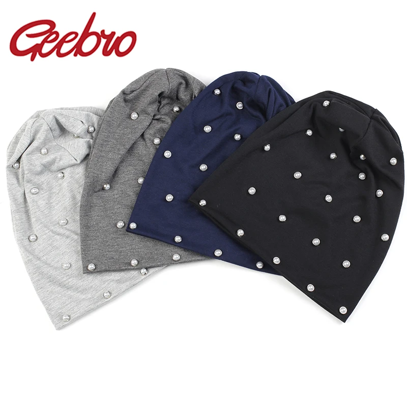 

Geebro New Fashion Soft Women Pearls Beads Cotton Beanies Hat Caps Spring Slouch Polyester Stretch Baggy Hats Bonnet Femme