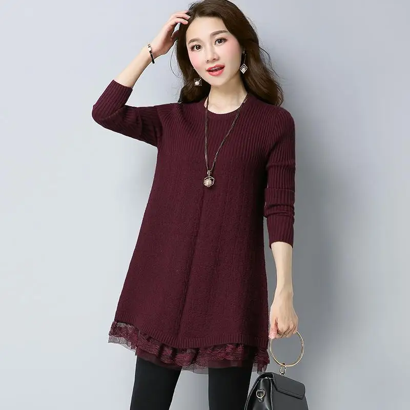 Fall/Winter 2024 New Women\'s Lace Stitching Sweater Dress Solid color Loose Long-sleeved Pullovers Fashion Female Knit Sweaters