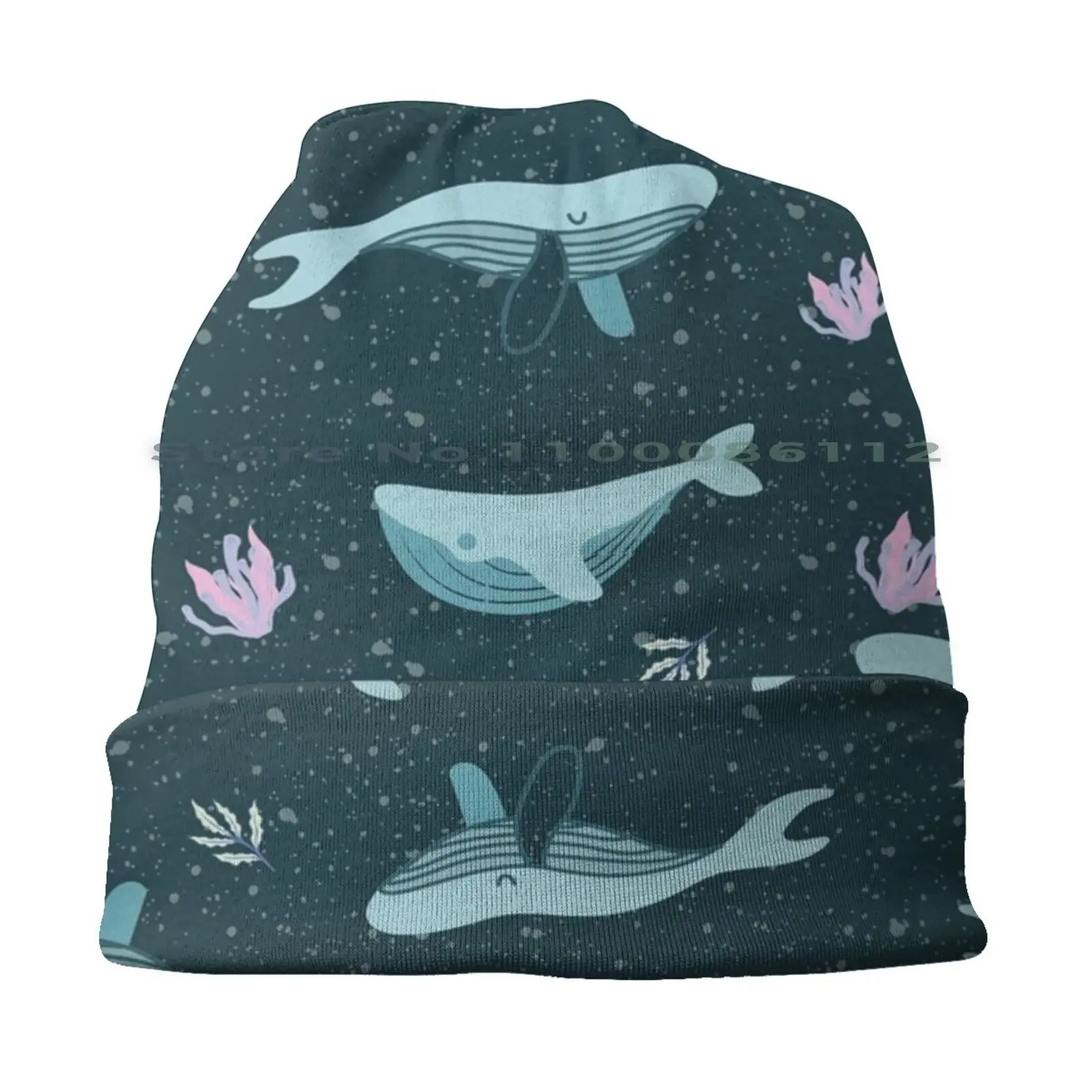 Deep Blue Ocean Whale Pattern Beanies Knit Hat Whales Ocean Life Whale Lover Marine Life Underwater Seamless Dolphins Ocean