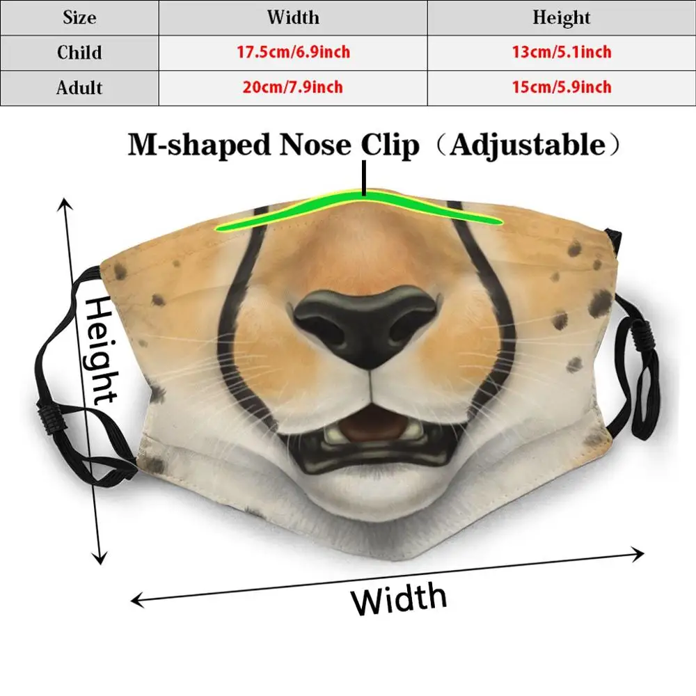 Cheetah Face Funny Print Reusable Pm2.5 Filter Face Mask Cheetah Cat Spotted Spots Spotty Feline Face Animal Anthro Furry Mask