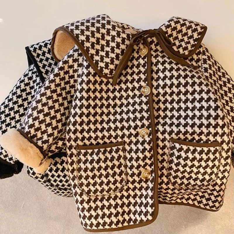 

Girls winter velvet thick warm coat children's houndstooth lapel jacket