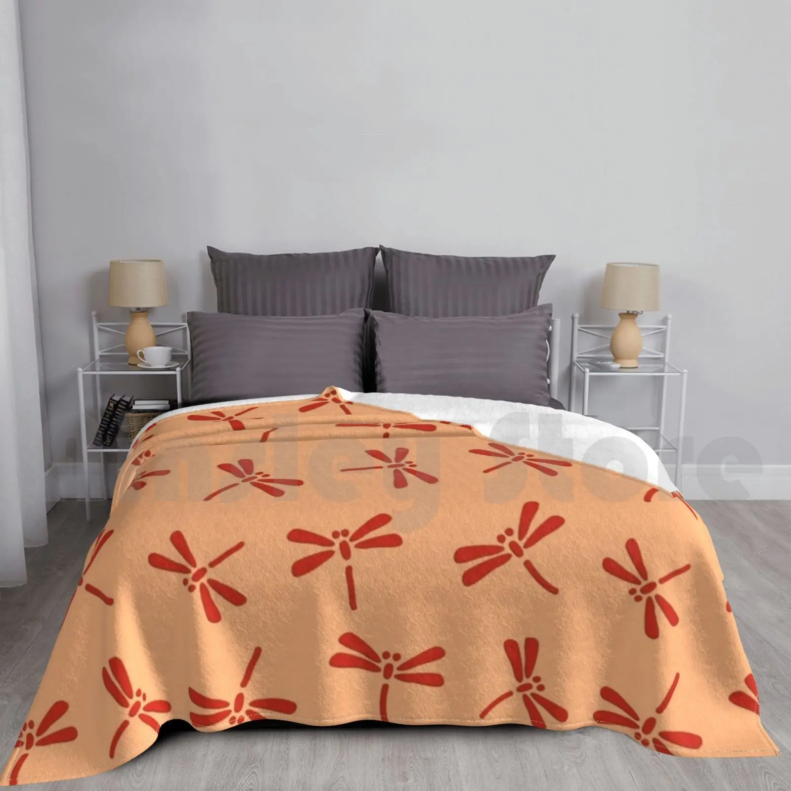 Japanese Dragonfly Pattern , Mandarin Orange Blanket Super Soft Warm Light Thin Dragonfly Japanese Traditional Japanese