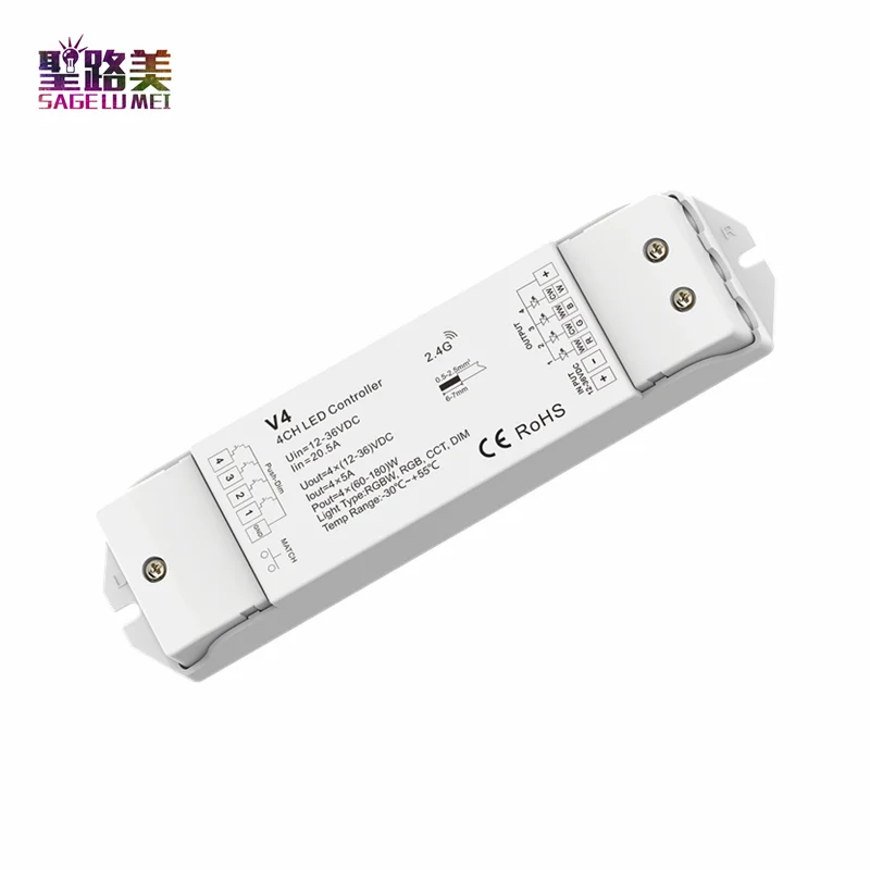 V4  12-36VDC 24V RGBW/RGB/CCT/Dimming 4 Channel LED RF Controller Receiver 4CH 5A/CH Push Dim /Multiple protection CV