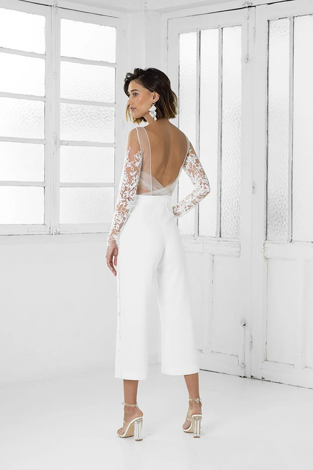 White Chiffon Long Sleeve Wedding Party Events  Mother Of The Bride Suits Mother Of the Bride Dress Trousers Formal Pant Suits