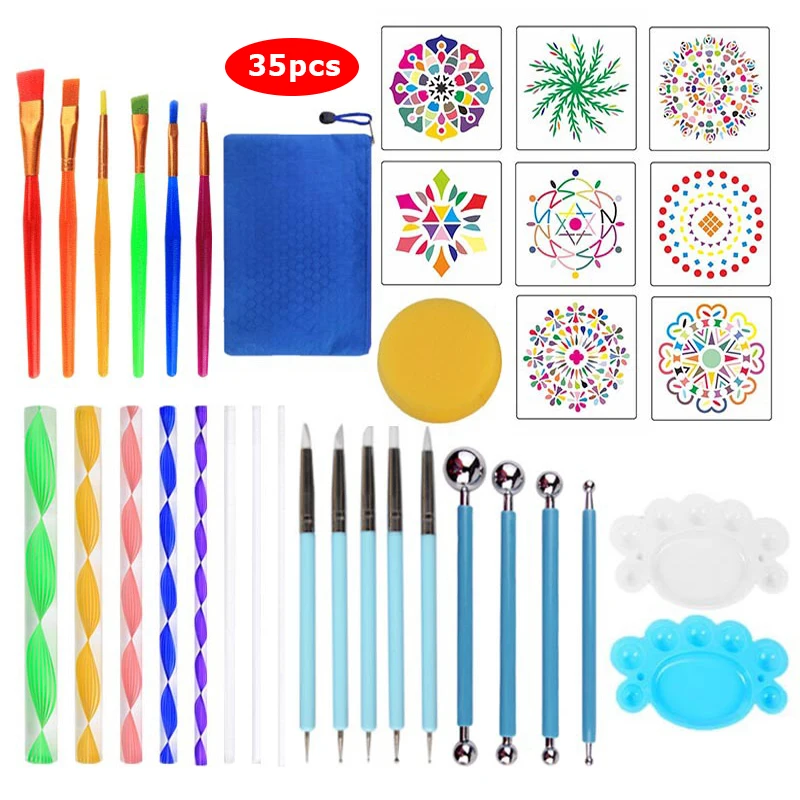 20/35pcs/set Mandala Dotting Tools for DIY Painting Rock Stone Pen Stencil Template Brush Tray Art Kit