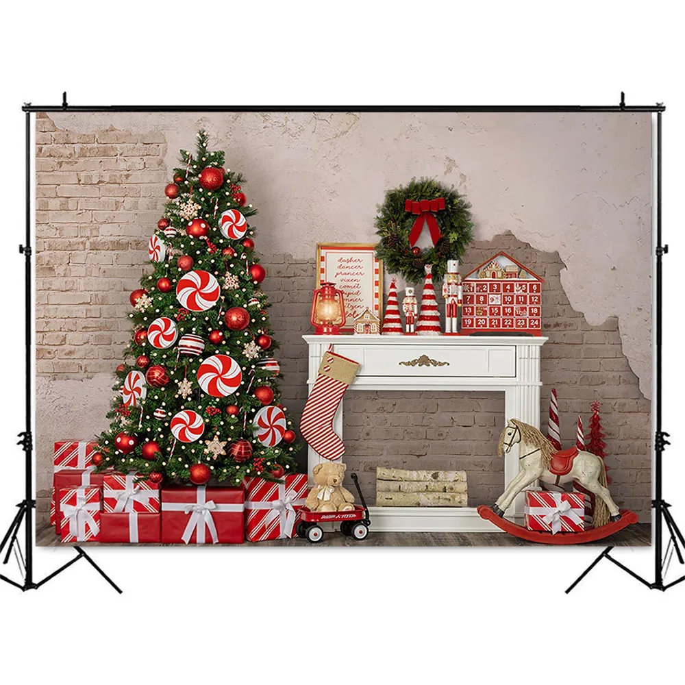 Christmas Fireplace Backdrop for Photography Toy Trojan X-mas Tree Sweet Candy Decor for Newborn Child Portrait Photo Background