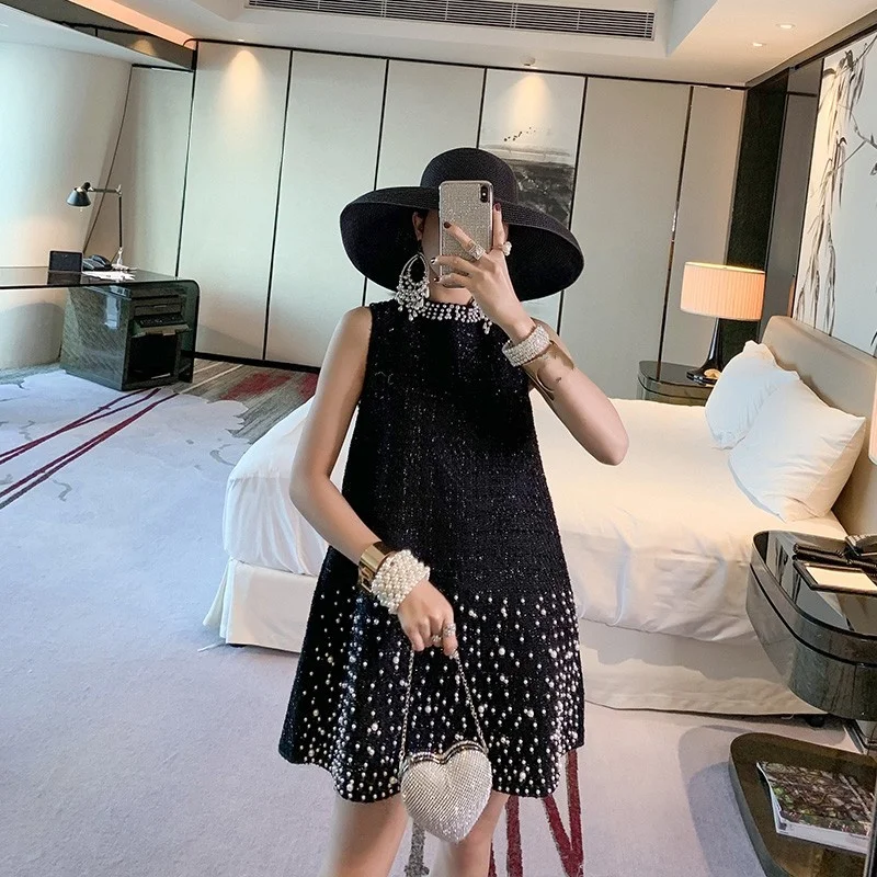 

Style Korean Elegant Womens Beading Weave Tweed Fashion Dress Office Lady Loose O-Neck Zippers Knee Length Vintage A-Line Dress