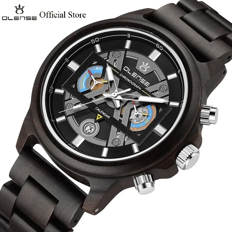 

Wooden Watches for Men OLENSE MT001 Luxury Stylish Wood Timepieces Chronograph Military Quartz Watches Gift Box Tool Dropship