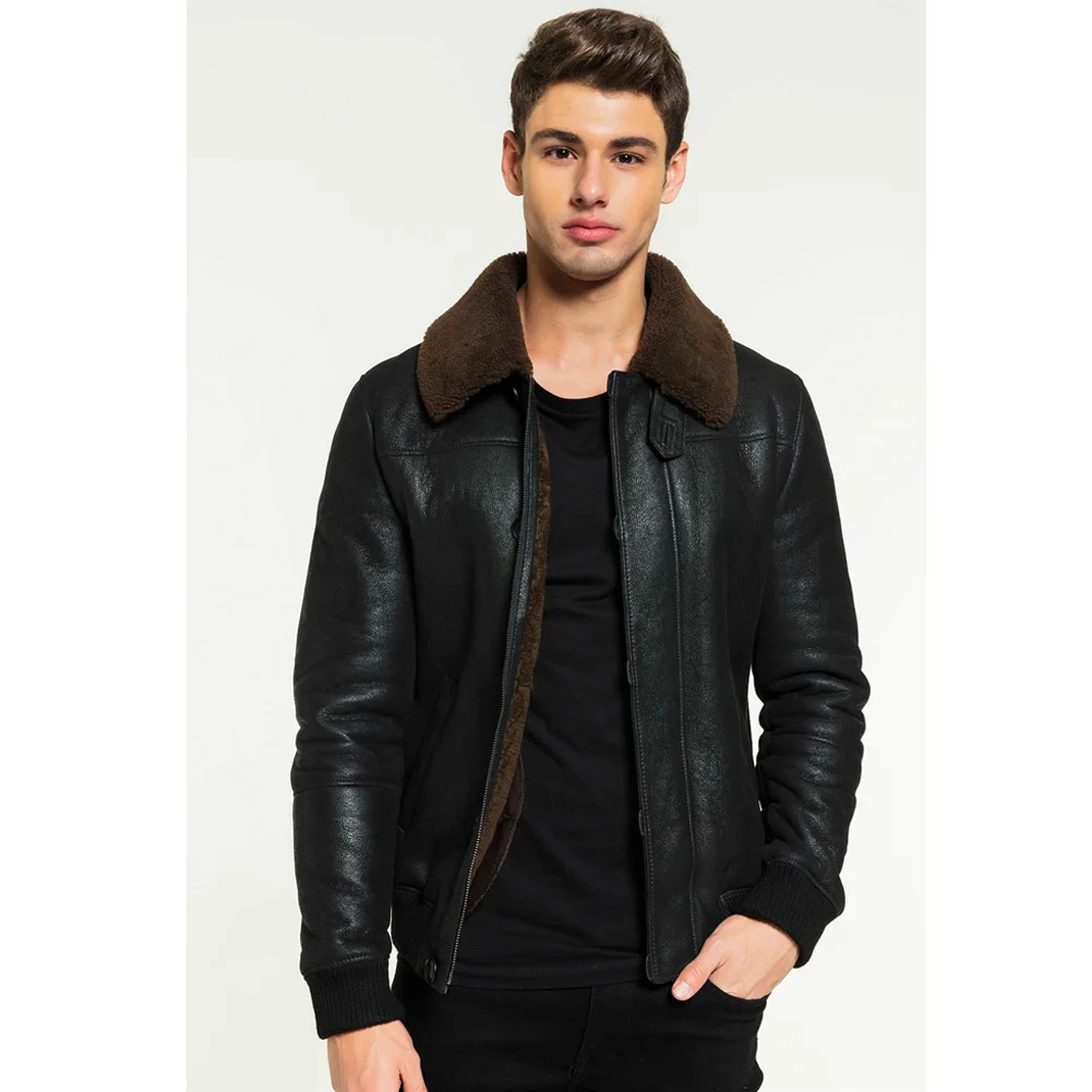 Denny&Dora New Mens Black Shearling Jacket College Turkey Sheepskin Coat Short Thick Warm Mens Fur Jacket