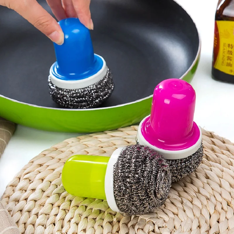 Kitchen Stainless Steel Wire Ball With Handle Clean Brush For Dish Bowl Pan Clean Metal Scrubber Ball Household Cleaning Tools