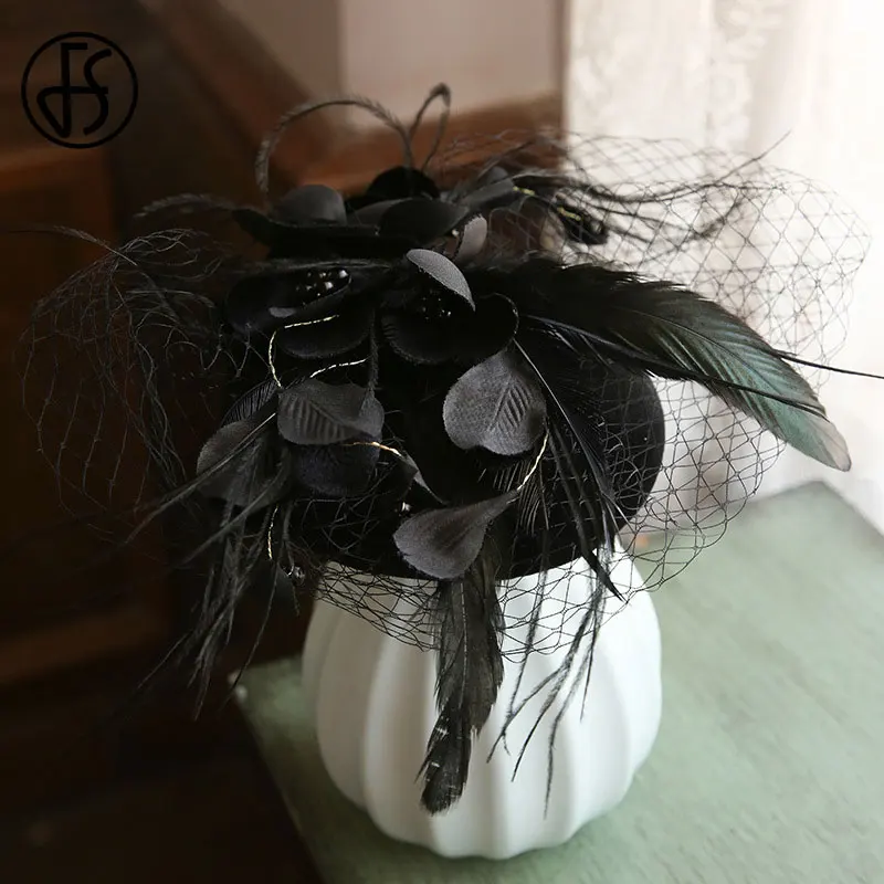 FS Black Veil Hats For Women Elegant Flower Fascinators Hats Feather Weddings Pillbox Hat Vintage Ladies Church Fedora Derby Hat