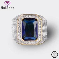 HuiSept Men Ring Silver 925 Jewelry Rectangle Sapphire Zircon Gemstones Trendy Finger Rings Accessories Wedding Engagement Party