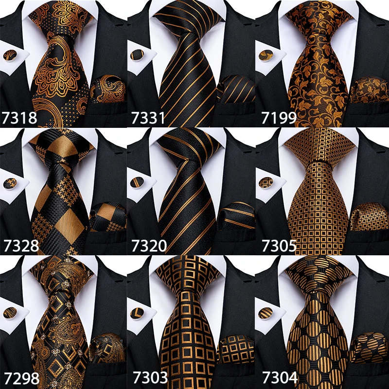 Gift Men Tie Gold Black Striped Paisley Silk Wedding Tie For Men DiBanGu Design Hanky Cufflink Quality Men Tie Set Dropshipping