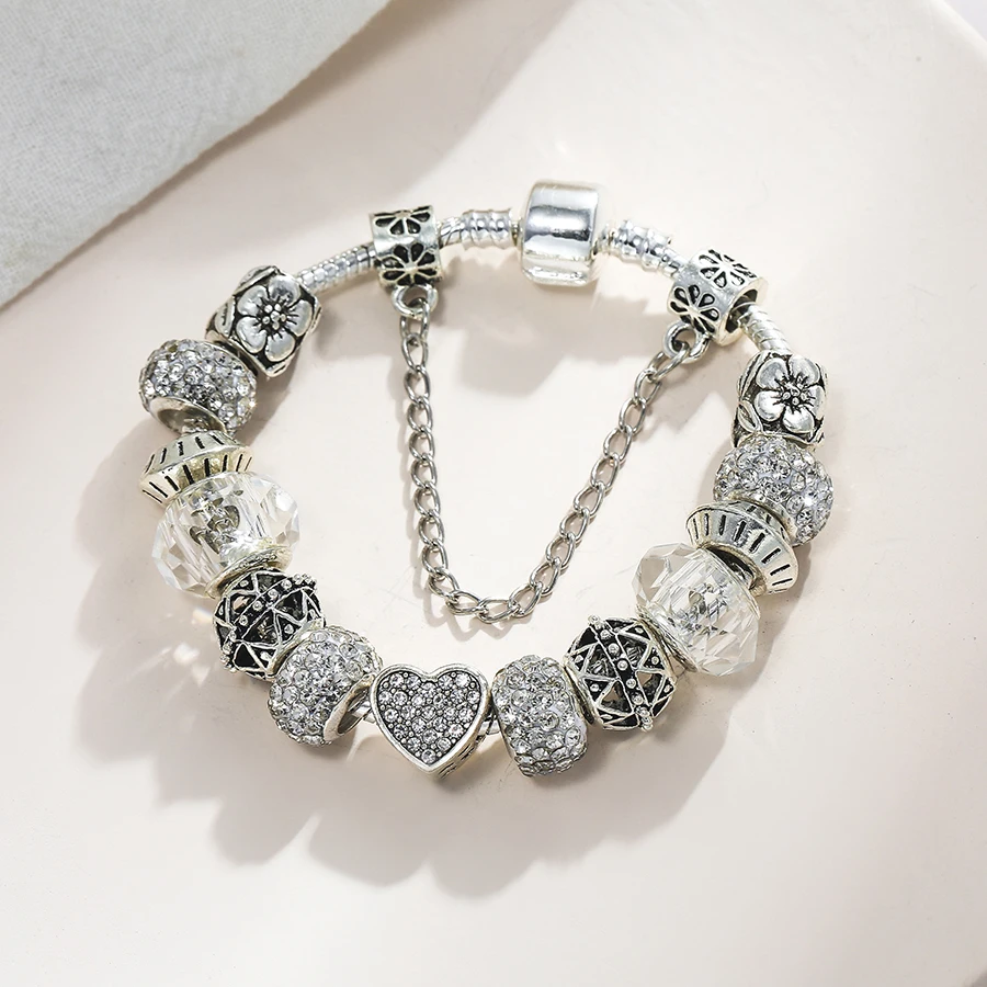 Dinglly Silver Color Heart Charm Bracelets For Women Men Original Shiny Crystal Beaded Women's Bracelet Bangle Jewelry Gift