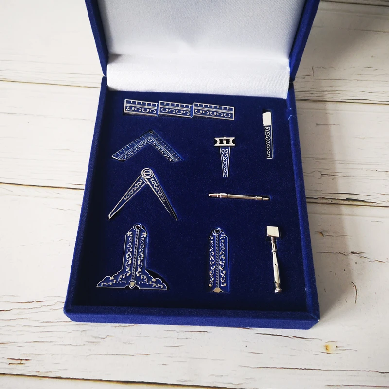 Set of 9 different velvet blue box Masonic Working Tools Badge Mason Freemason Miniature Freemason Gifts