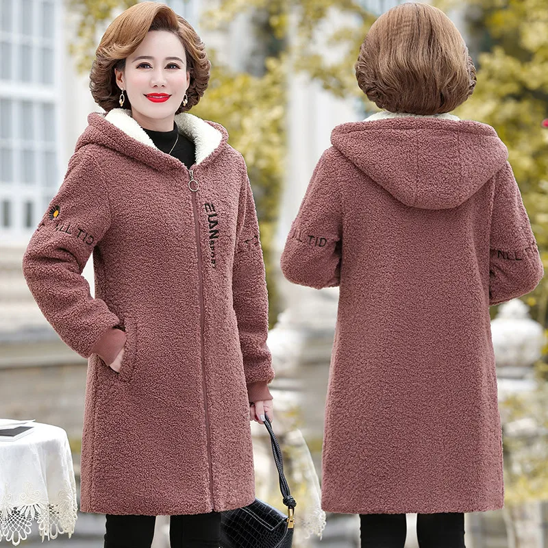 Winter Women Jacket long Lambswool Plus Velvet Cotton Coat Female Overcoat Hooded Warm Lady Outerwear Mother Clothes 5XL