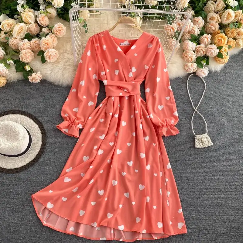 French Sim Spring Love Heart Print V Neck Bandage Dress Autumn Long Casual Women High Waist Vestido De Festa Elegant Vestidos