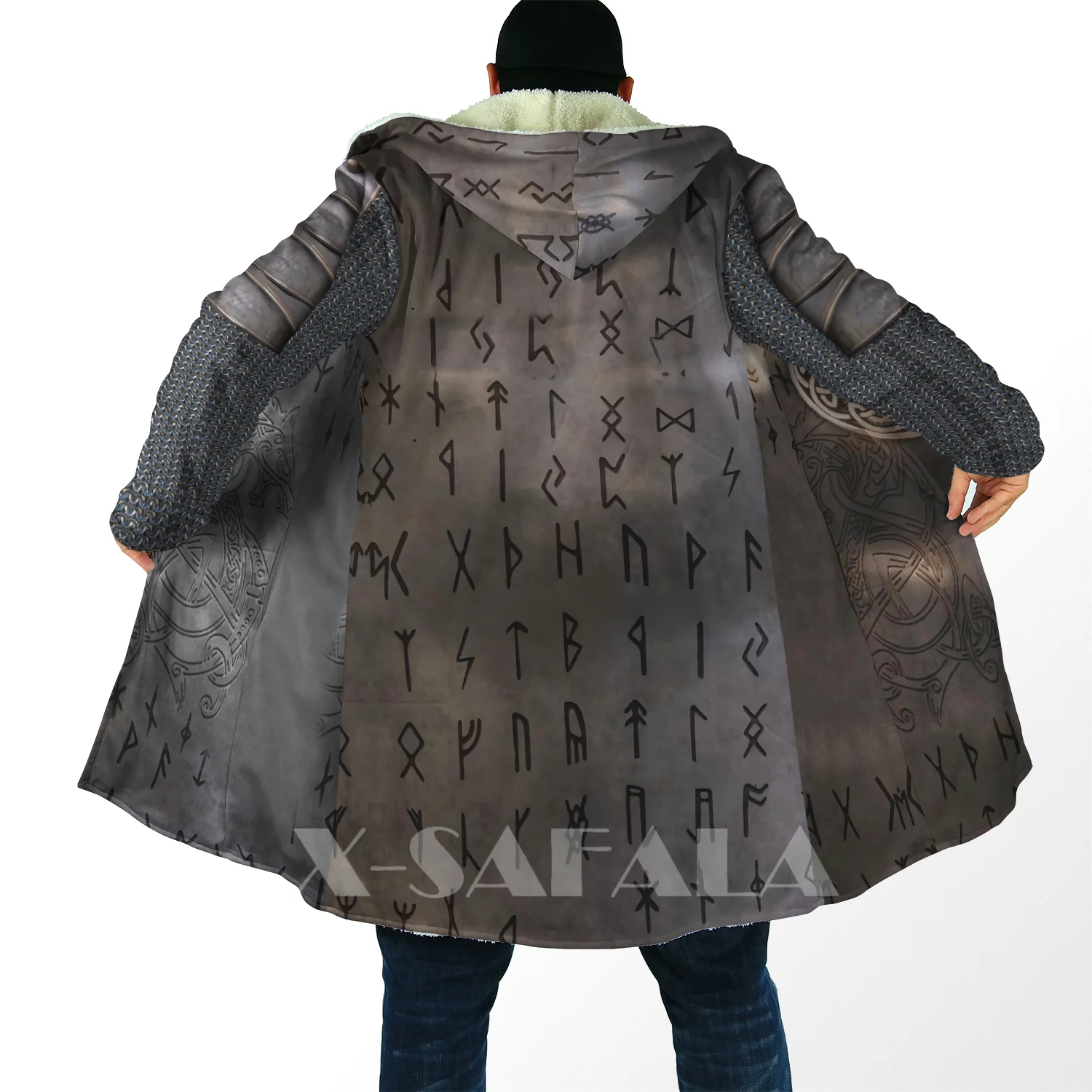 Thick Warm Hooded Cloak for Men, Tattoo Symbol, Viking Armor, Overcoat Coat 3D Print, Windproof Fleece, Unisex, Casual-10