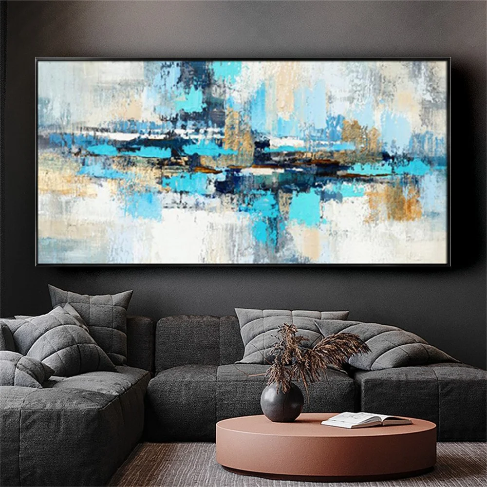 

Hand-painted abstract oil painting modern sky blue Textured Gold Foil mural living room decoration picture large sofa wall art