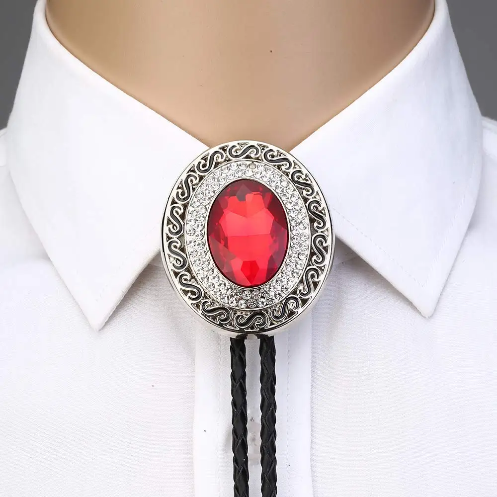 

Red rhinestone round shape bolo tie for man Indian cowboy western cowgirl leather rope zinc alloy necktie