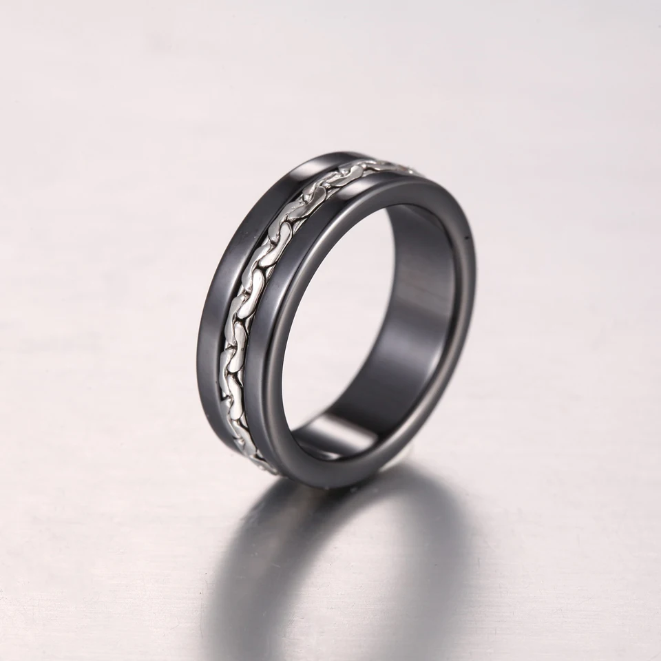 BORASI 7mm Wide Stainless Steel Chain Ceramic Ring Men Black White Color Ladies Rings For Women Fashion Jewelry Female Male Ring