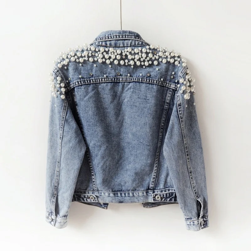 

Women Harajuku Short Denim Jacket Casual High Street Slim Fit Crystal Pearls Beading Jean Jacket Female Outerwear Coat Tops 3XL